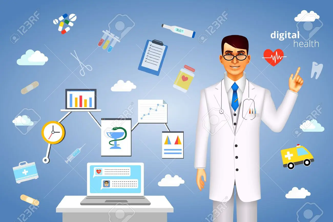 28788175-Concetto-di-salute-digitale-con-un-medico-in-piedi-accanto-a-un-computer-portatile-circondato-da-ico-Archivio-Fotografico